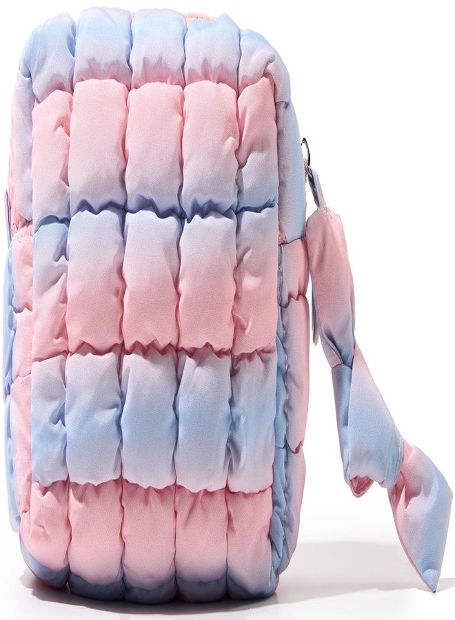 Yarnic Quilted Makeup Bag Cosmetic Bag, Travel Toiletry Bag for Women, Cute Makeup Bag Organizer Puffer Makeup Pouch (Blue Pink, S) - Image 1